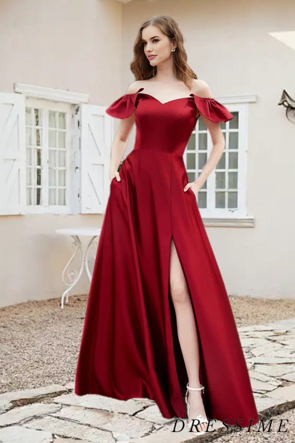 Dressime A Line Off The Shoulder Satin Long Bridesmaid Dress With Slit dressime