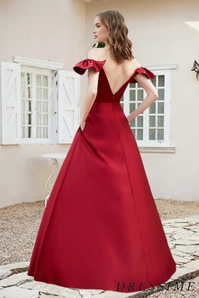 Dressime A Line Off The Shoulder Satin Long Bridesmaid Dress With Slit dressime