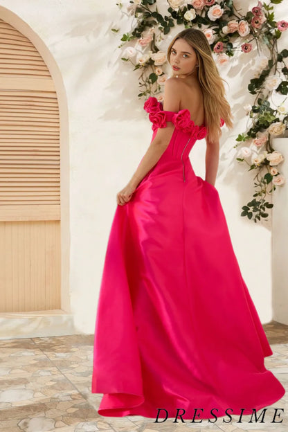 Dressime A Line Off The Shoulder Satin Slit Long Prom Dress With 3D Flowers dressime