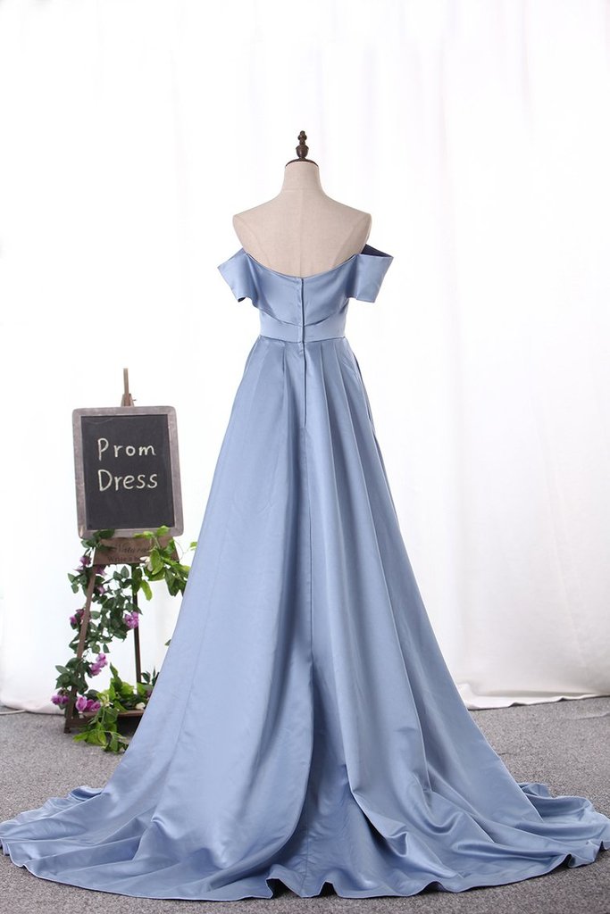 dressimeA Line Off The Shoulder Satin Split  Long Prom Dresses 