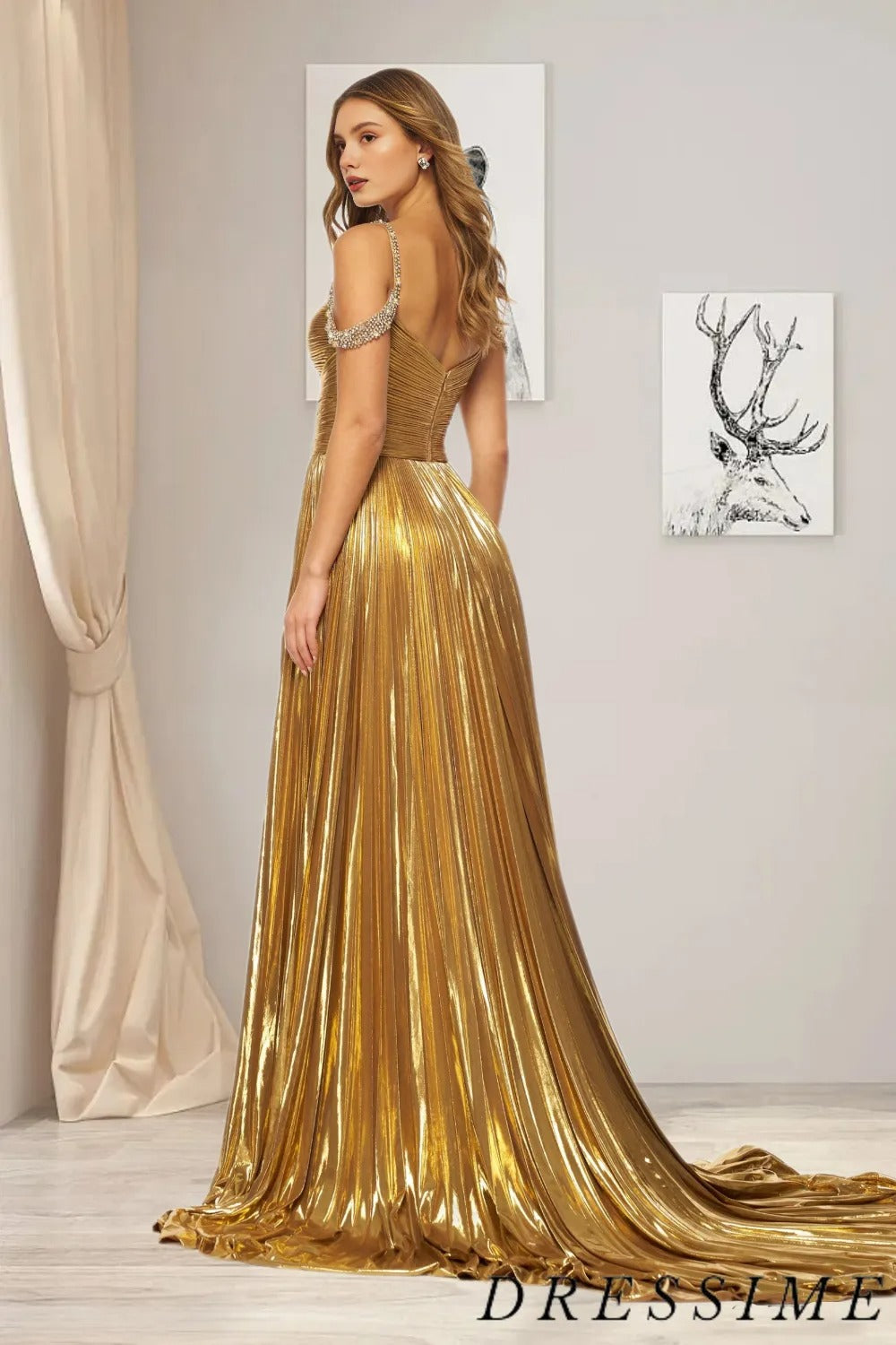 Dressime A Line Off The Shoulder Sweetheart Slit Long Prom Dress With Beaded dressime