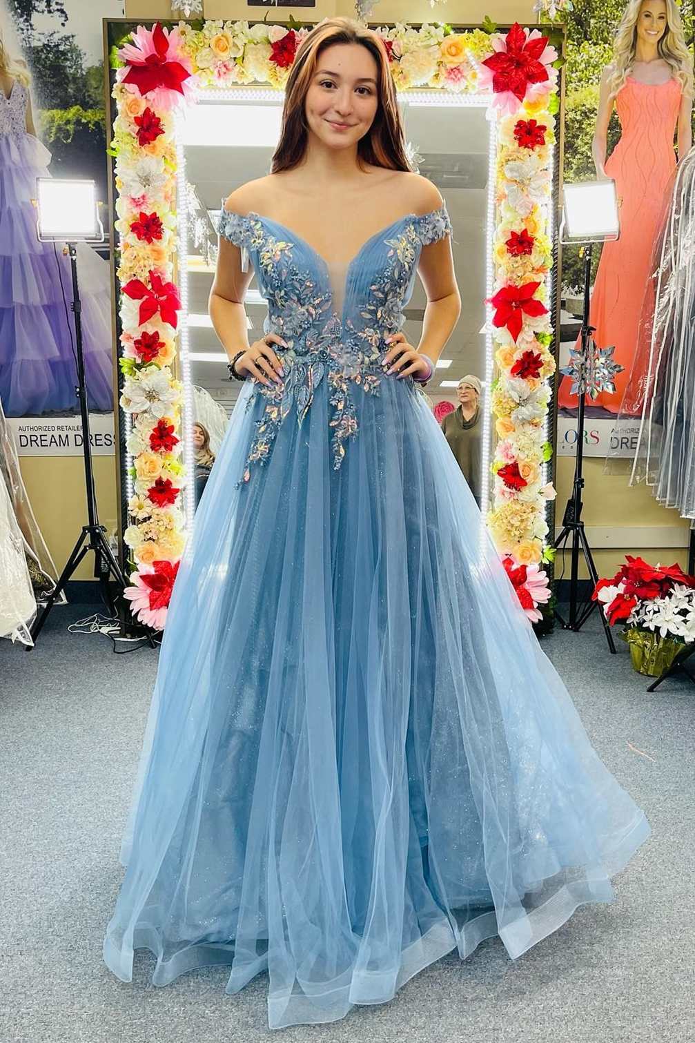 Dressime A Line Off The Shoulder Tulle Appliques Lonng Prom Dresses With Flower dressime