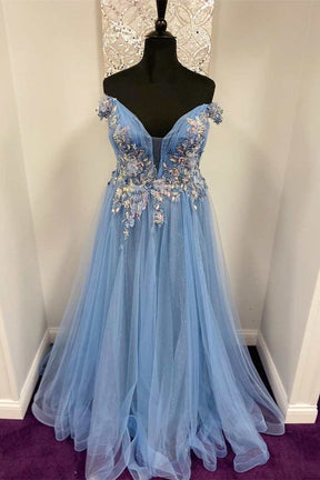 Dressime A Line Off The Shoulder Tulle Appliques Lonng Prom Dresses With Flower dressime