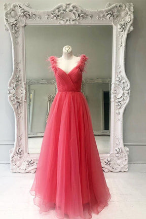 Dressime A-Line Off The Shoulder Tulle Ruched Feather Prom Dress With Slit dressime