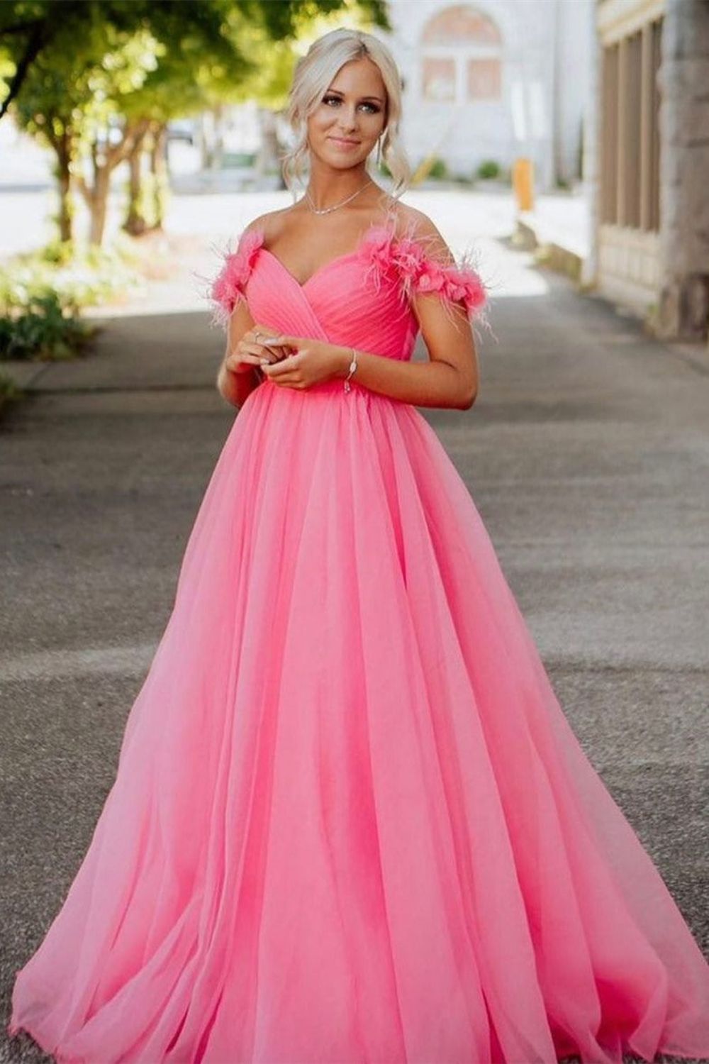 Dressime A-Line Off The Shoulder Tulle Ruched Feather Prom Dress With Slit dressime