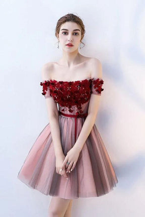 Dressime A Line Off the Shoulder Flowers Tulle Short Homecoming Dresses dressime