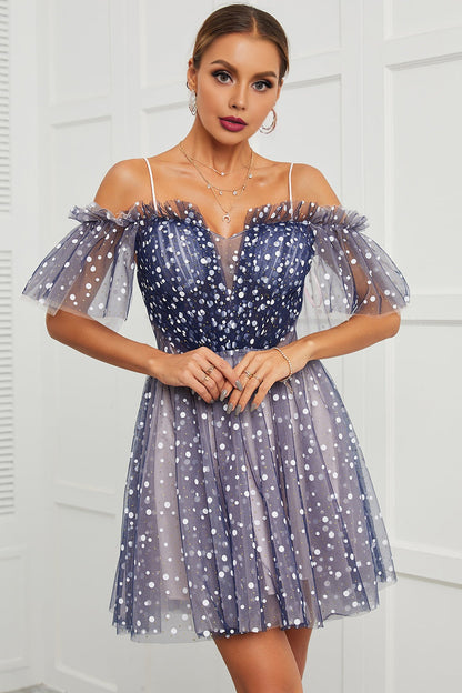 dressimeA Line Off the Shoulder Lace up Cute Tulle Homecoming Dresses 