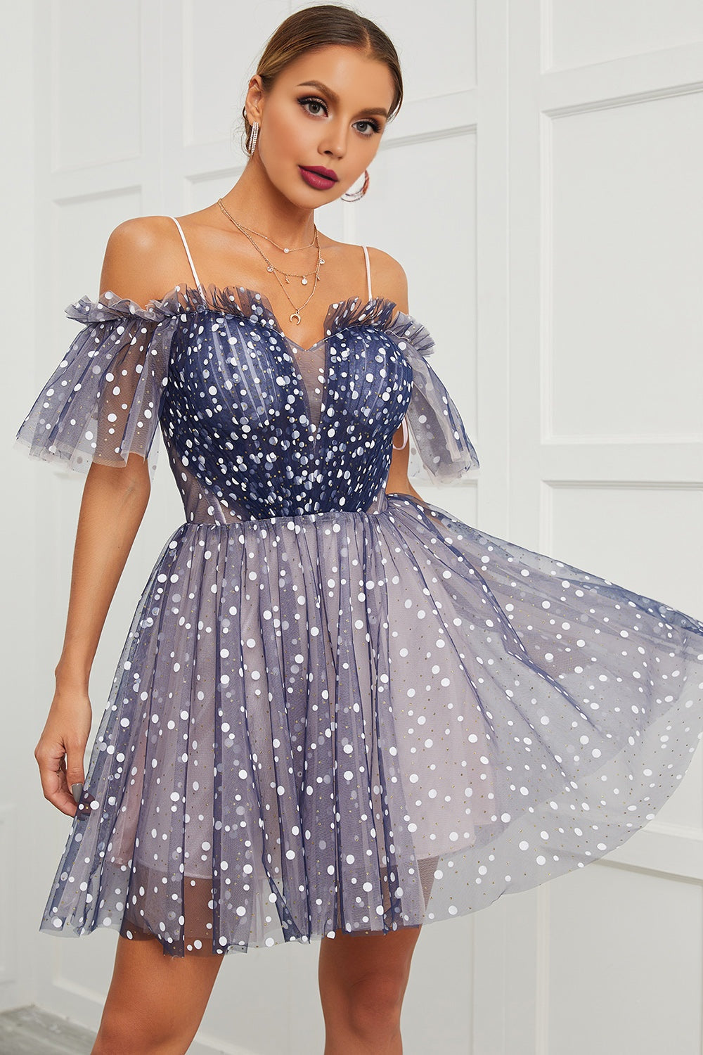 dressimeA Line Off the Shoulder Lace up Cute Tulle Homecoming Dresses 