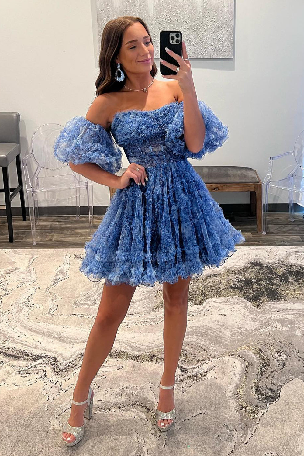 dressimeA Line Off the Shoulder Printed Above Knee Homecoming Dresses with Ruffled 