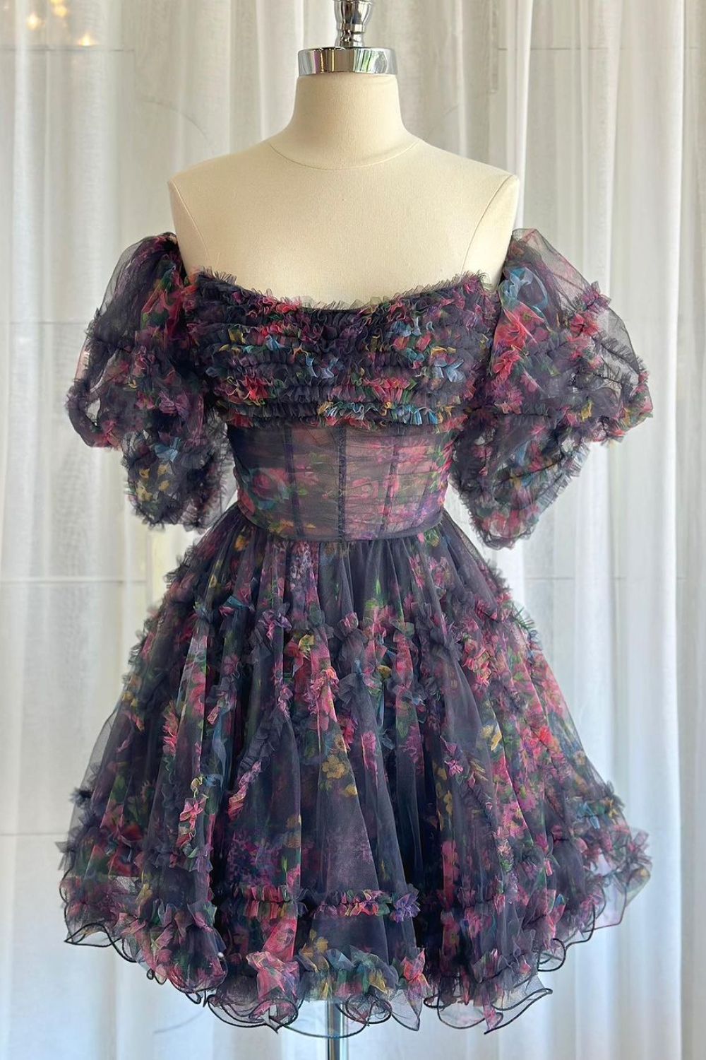 Dressime A Line Off the Shoulder Printed Above Knee Homecoming Dresses with Ruffled dressime