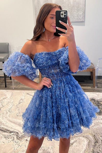 dressimeA Line Off the Shoulder Printed Above Knee Homecoming Dresses with Ruffled 