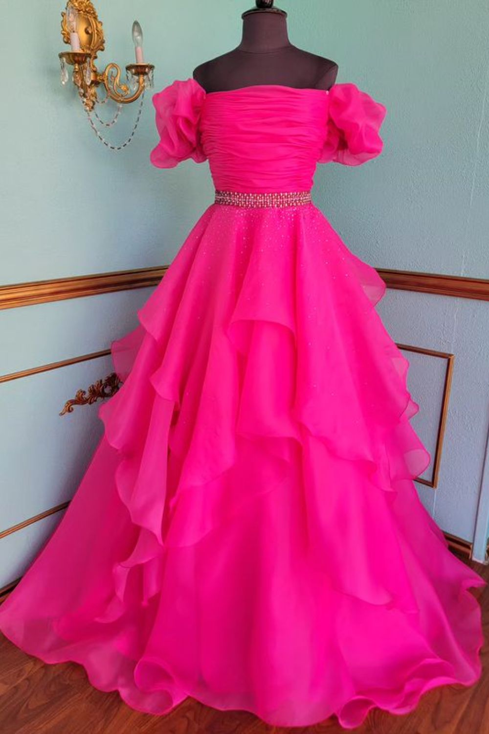 Dressime A Line Off-the-Shoulder Puff Sleeve Multi-Tiered Long Prom Dresses dressime