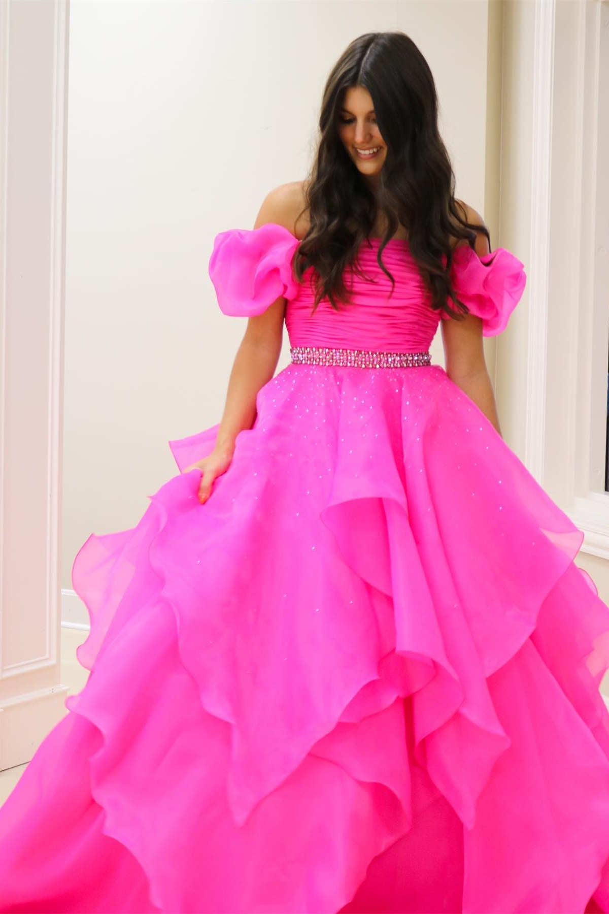 Dressime A Line Off-the-Shoulder Puff Sleeve Multi-Tiered Long Prom Dresses dressime