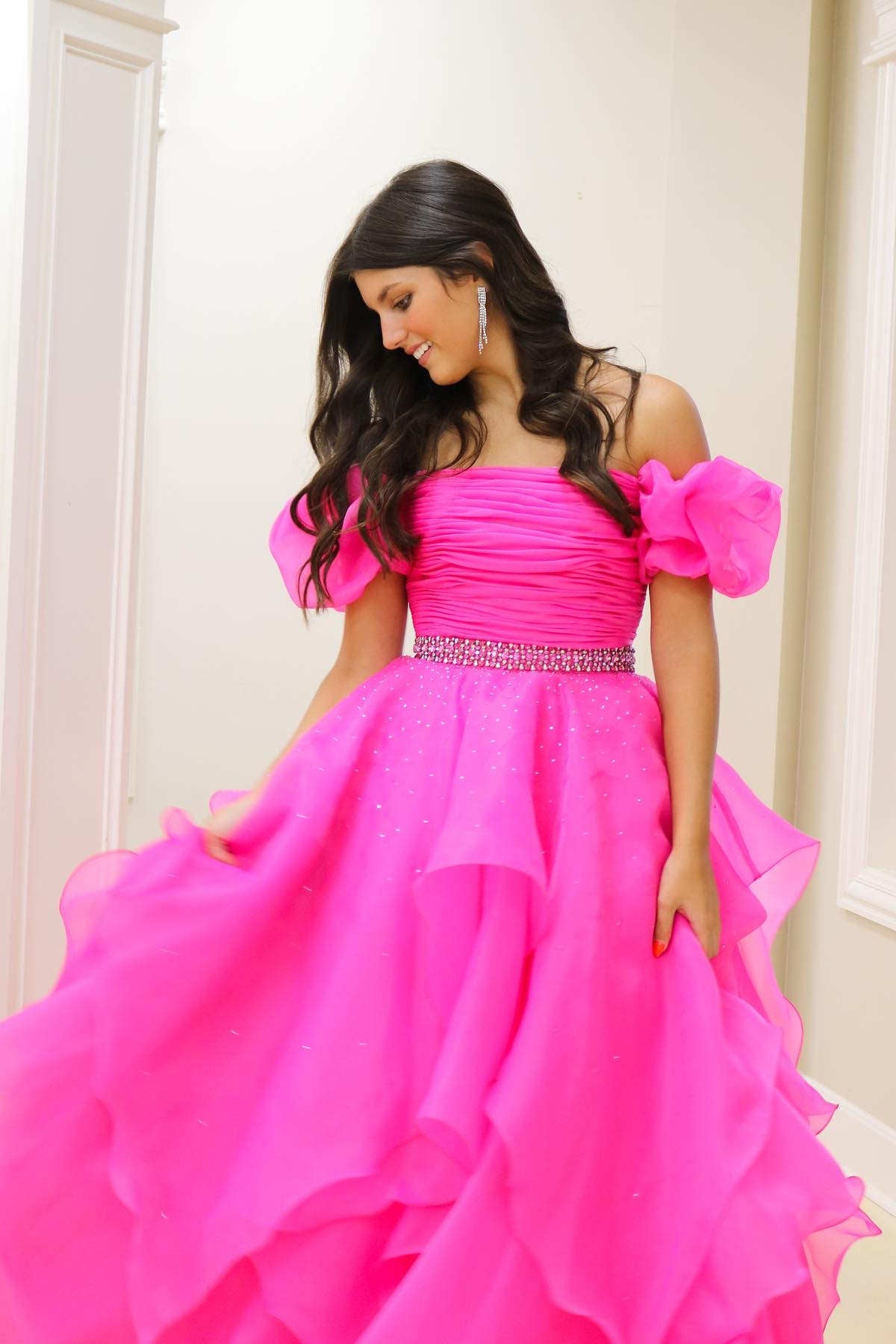 Dressime A Line Off-the-Shoulder Puff Sleeve Multi-Tiered Long Prom Dresses dressime