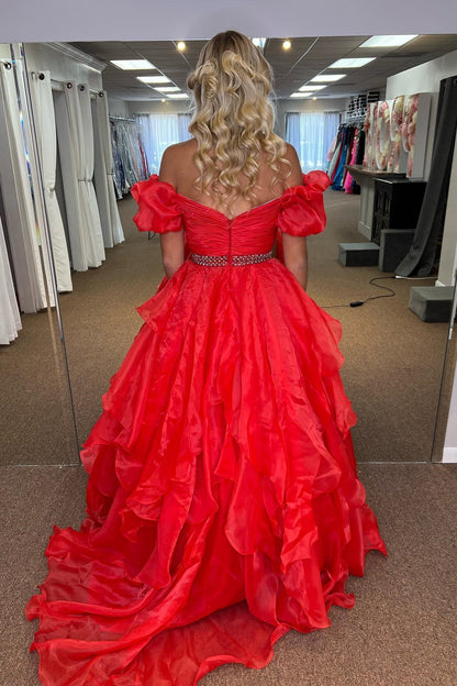 dressimeA Line Off-the-Shoulder Puff Sleeve Multi-Tiered Long Prom Dresses 