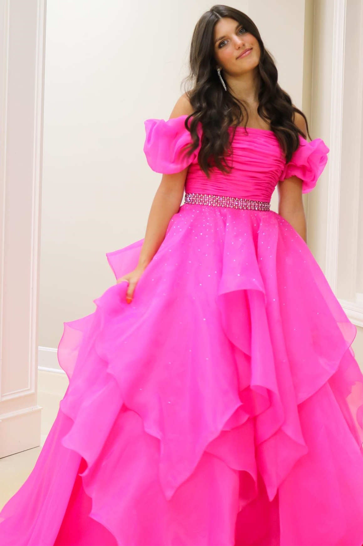 Dressime A Line Off-the-Shoulder Puff Sleeve Multi-Tiered Long Prom Dresses dressime