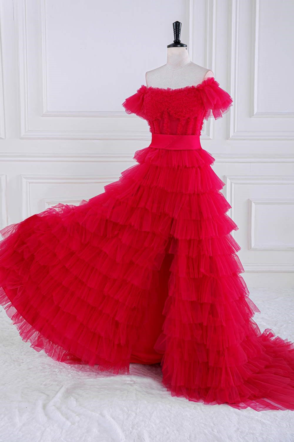 Dressime A Line Off the Shoulder Ruffle Tiered Tulle Prom Dress with Slit dressime