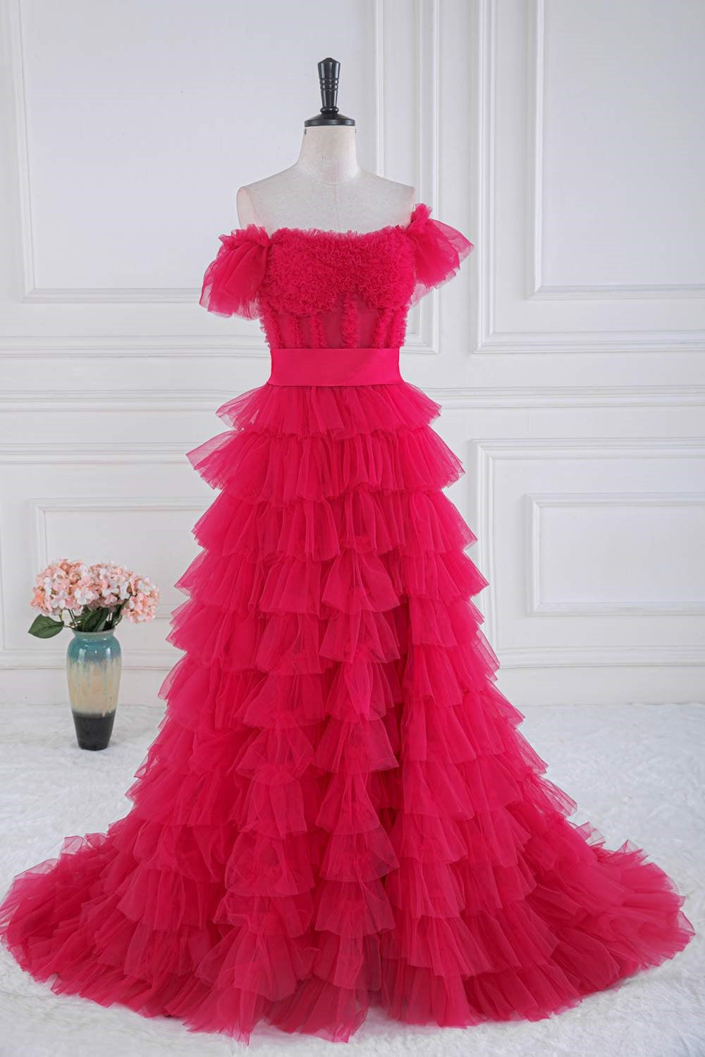 Dressime A Line Off the Shoulder Ruffle Tiered Tulle Prom Dress with Slit dressime