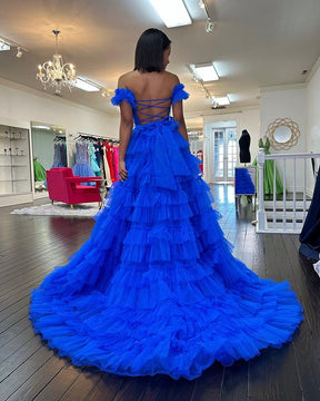 Dressime A Line Off the Shoulder Ruffle Tiered Tulle Prom Dress with Slit dressime