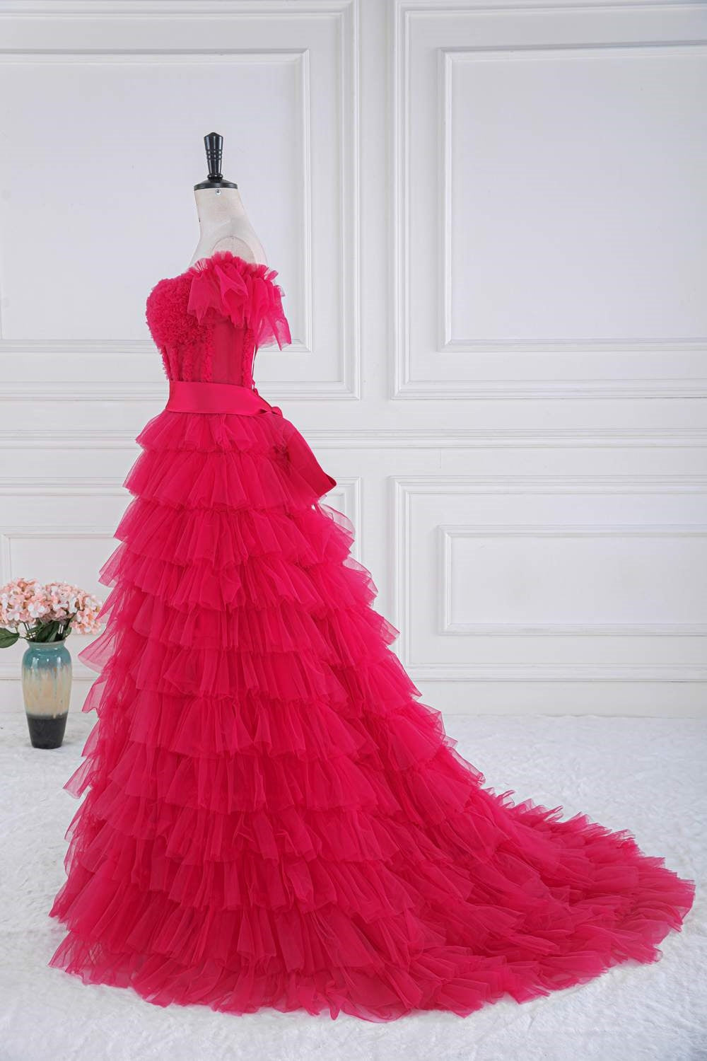 Dressime A Line Off the Shoulder Ruffle Tiered Tulle Prom Dress with Slit dressime