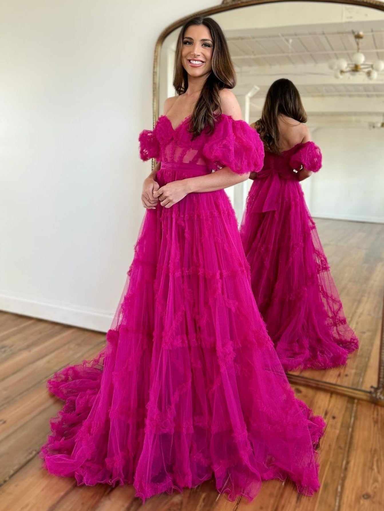 dressimeA Line Off the Shoulder Tulle Prom Dresses 