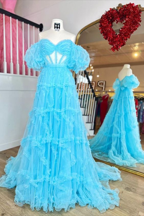 dressimeA Line Off the Shoulder Tulle Prom Dresses 