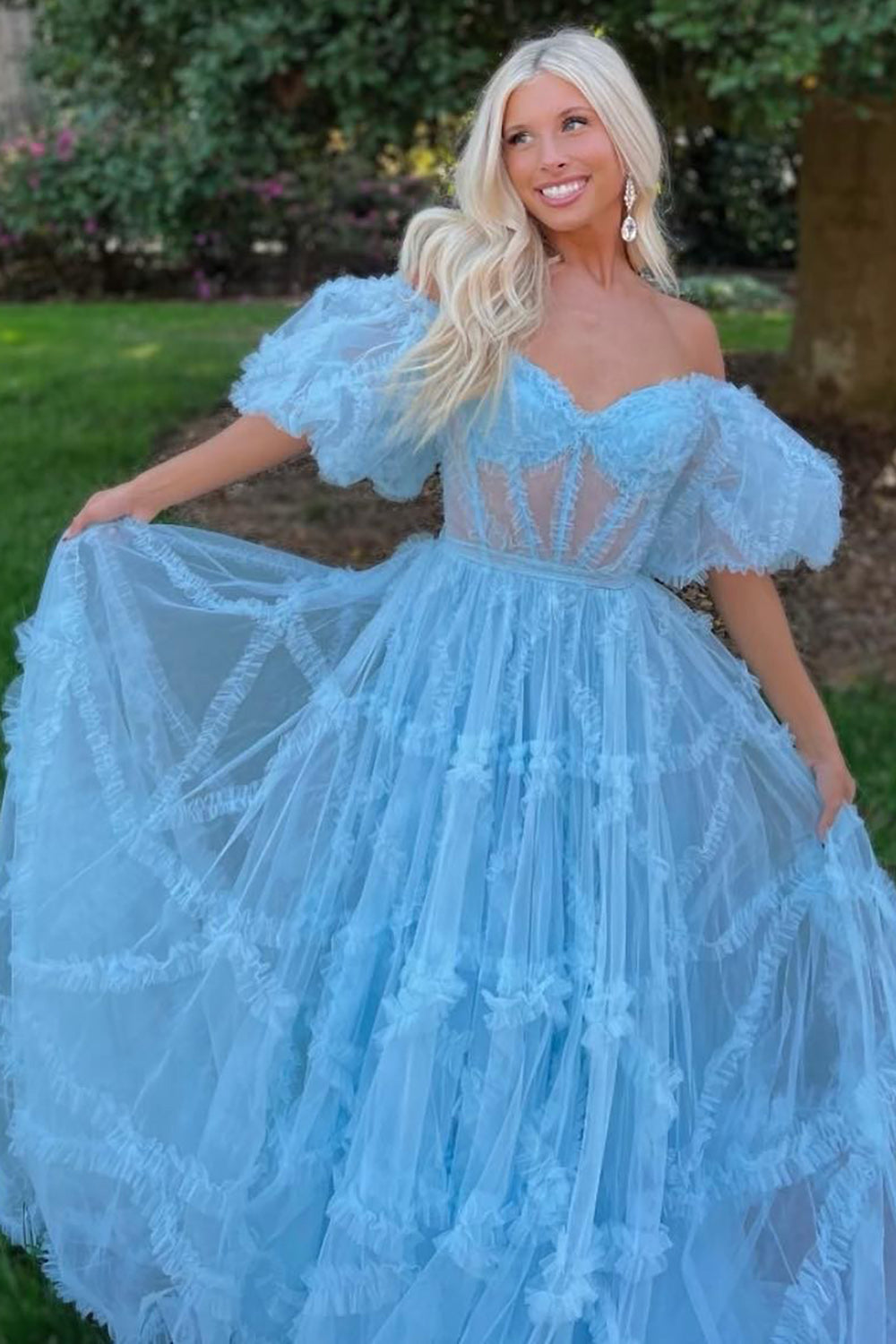 dressimeA Line Off the Shoulder Tulle Prom Dresses 