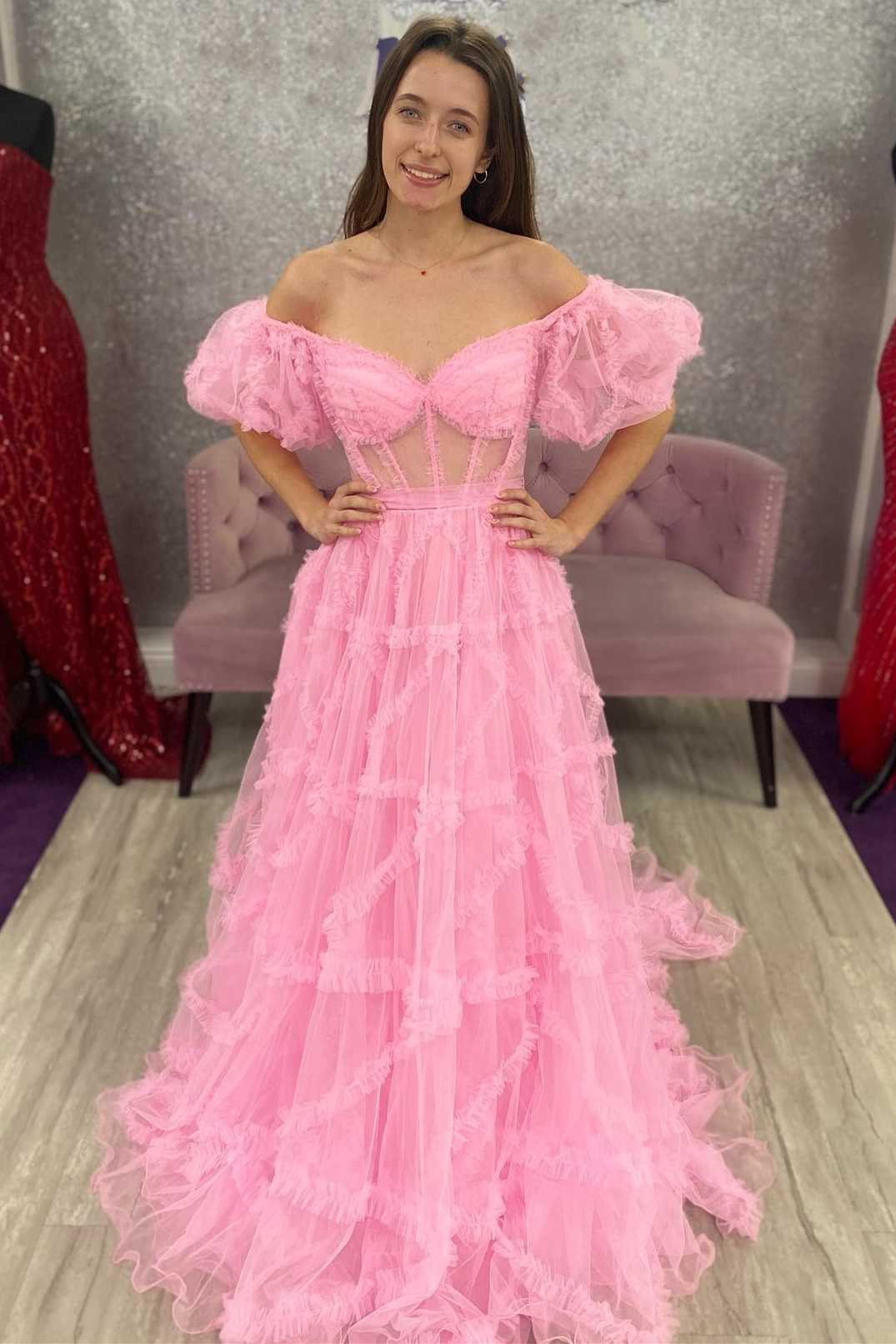 dressimeA Line Off the Shoulder Tulle Prom Dresses 