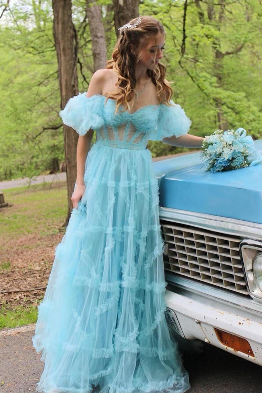 dressimeA Line Off the Shoulder Tulle Prom Dresses 