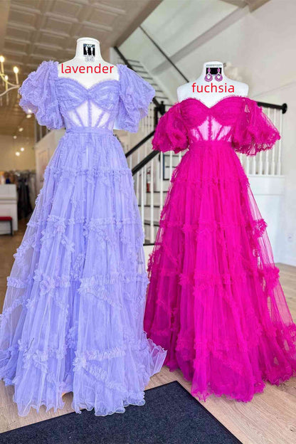 dressimeA Line Off the Shoulder Tulle Prom Dresses 