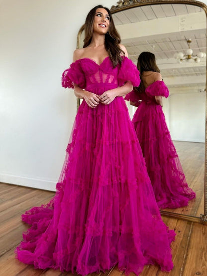 dressimeA Line Off the Shoulder Tulle Prom Dresses 