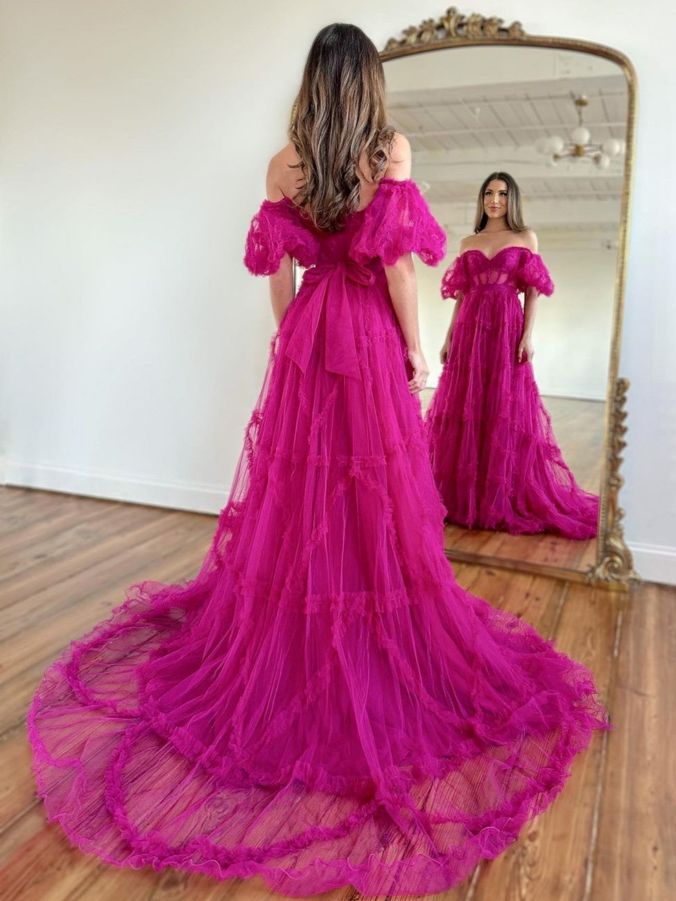 dressimeA Line Off the Shoulder Tulle Prom Dresses 