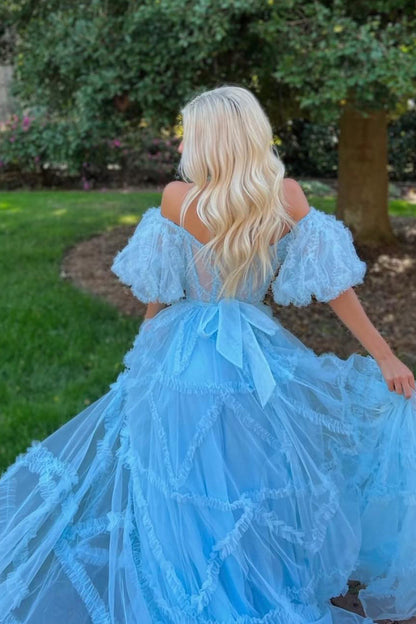 dressimeA Line Off the Shoulder Tulle Prom Dresses 