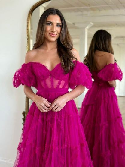 dressimeA Line Off the Shoulder Tulle Prom Dresses 