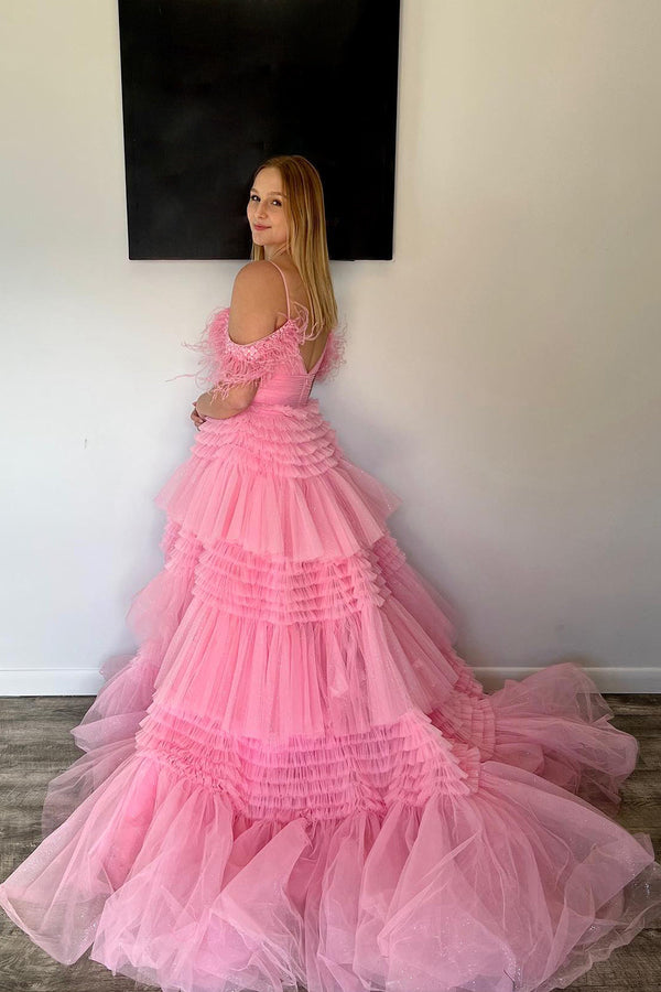 dressimeA Line Off the Shoulder Tulle Long Prom Dress with Feathers 