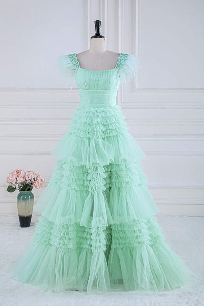 Dressime A Line Off the Shoulder Tulle Tiered Long Prom Dress with Feathers dressime