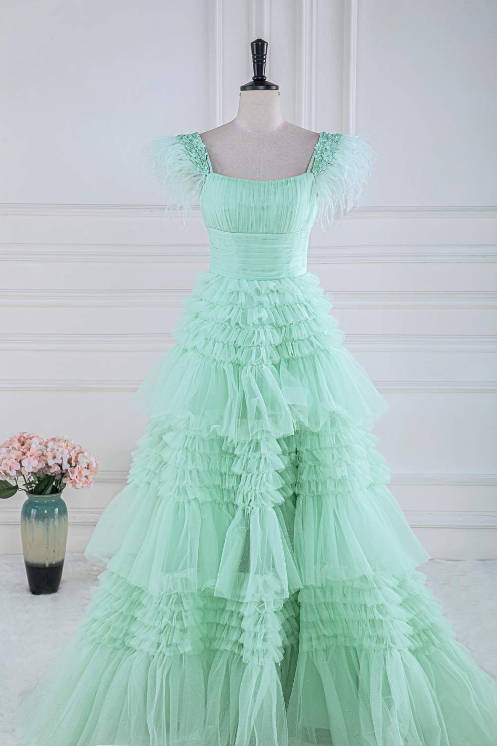 Dressime A Line Off the Shoulder Tulle Tiered Long Prom Dress with Feathers dressime