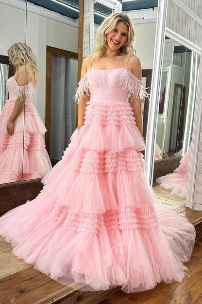 dressimeA Line Off the Shoulder Tulle Long Prom Dress with Feathers 