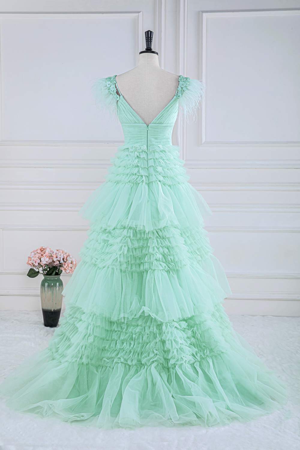 Dressime A Line Off the Shoulder Tulle Tiered Long Prom Dress with Feathers dressime