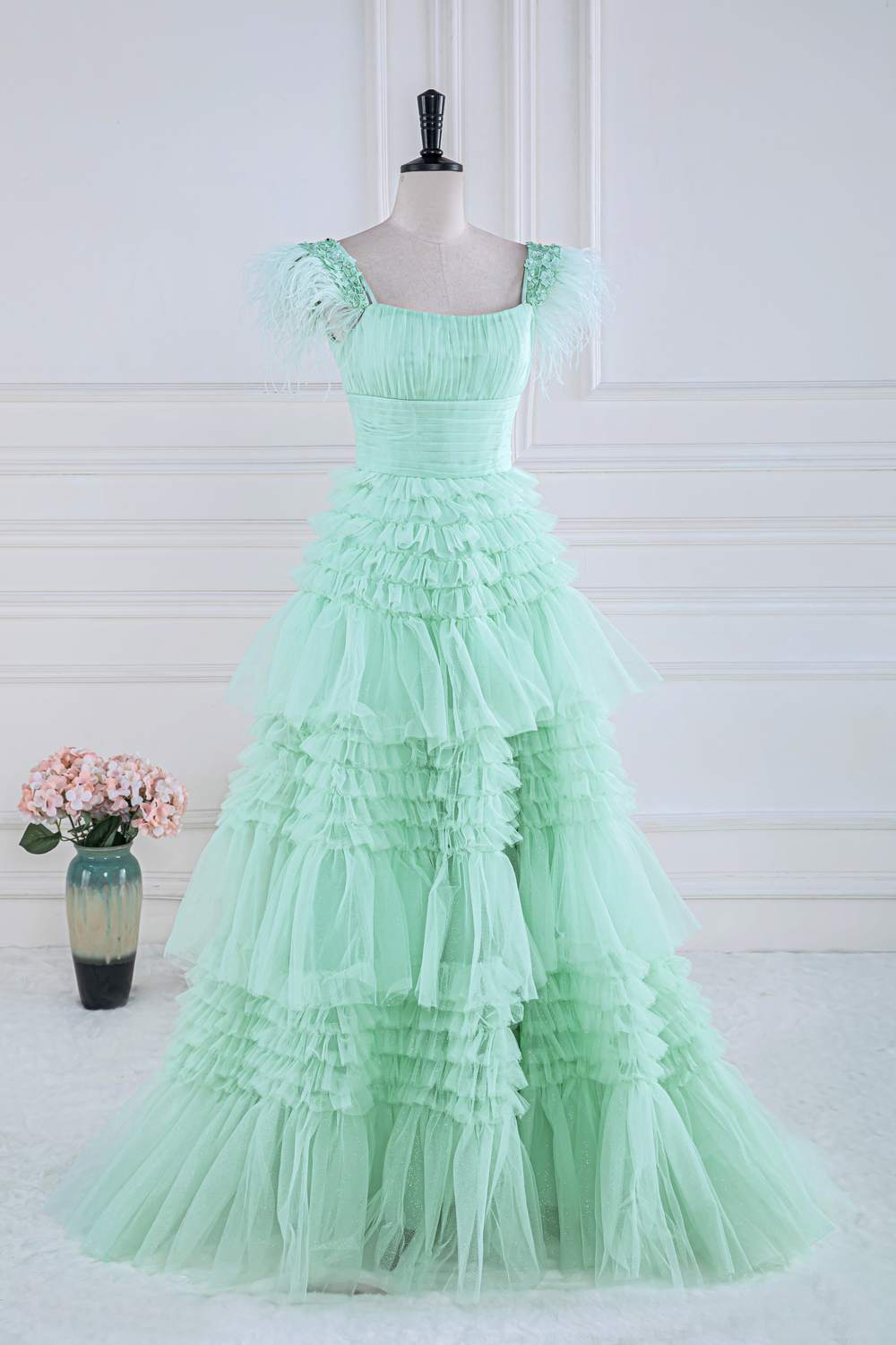 Dressime A Line Off the Shoulder Tulle Tiered Long Prom Dress with Feathers dressime