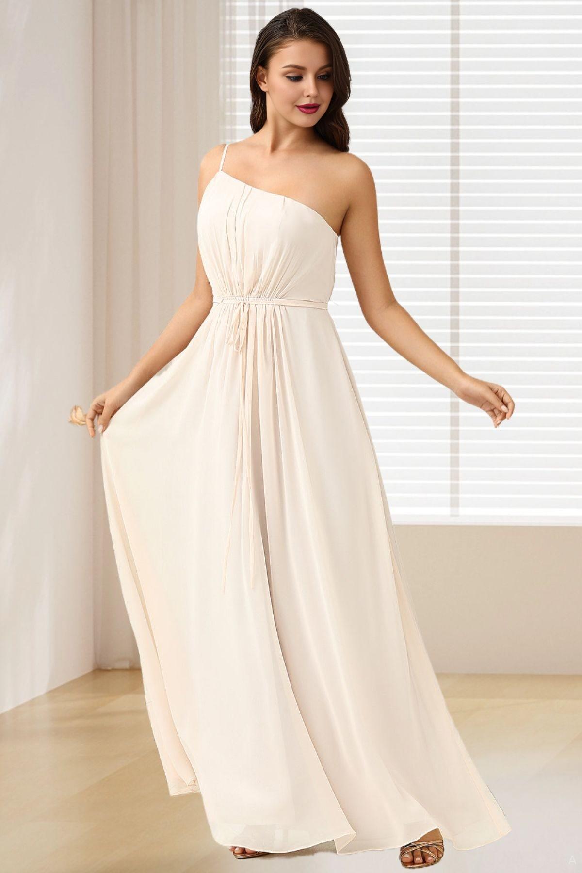 Dressime A Line One Shoulder Chiffon Long Bridesmaid Dress dressime