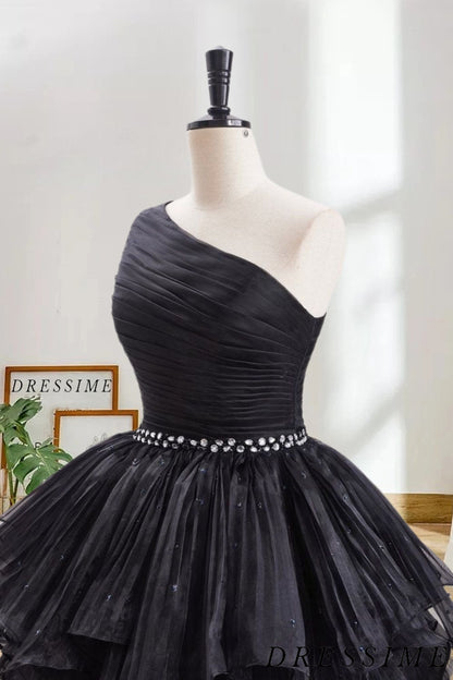 Dressime A Line One Shoulder Organza Tiered Short/Mini Homecoming Dresses with Beaded dressime