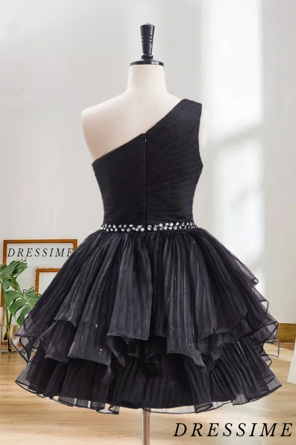 Dressime A Line One Shoulder Organza Tiered Short/Mini Homecoming Dresses with Beaded dressime