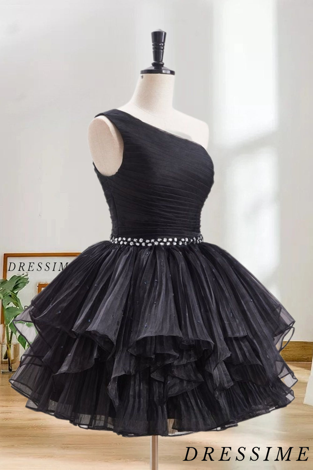 Dressime A Line One Shoulder Organza Tiered Short/Mini Homecoming Dresses with Beaded dressime