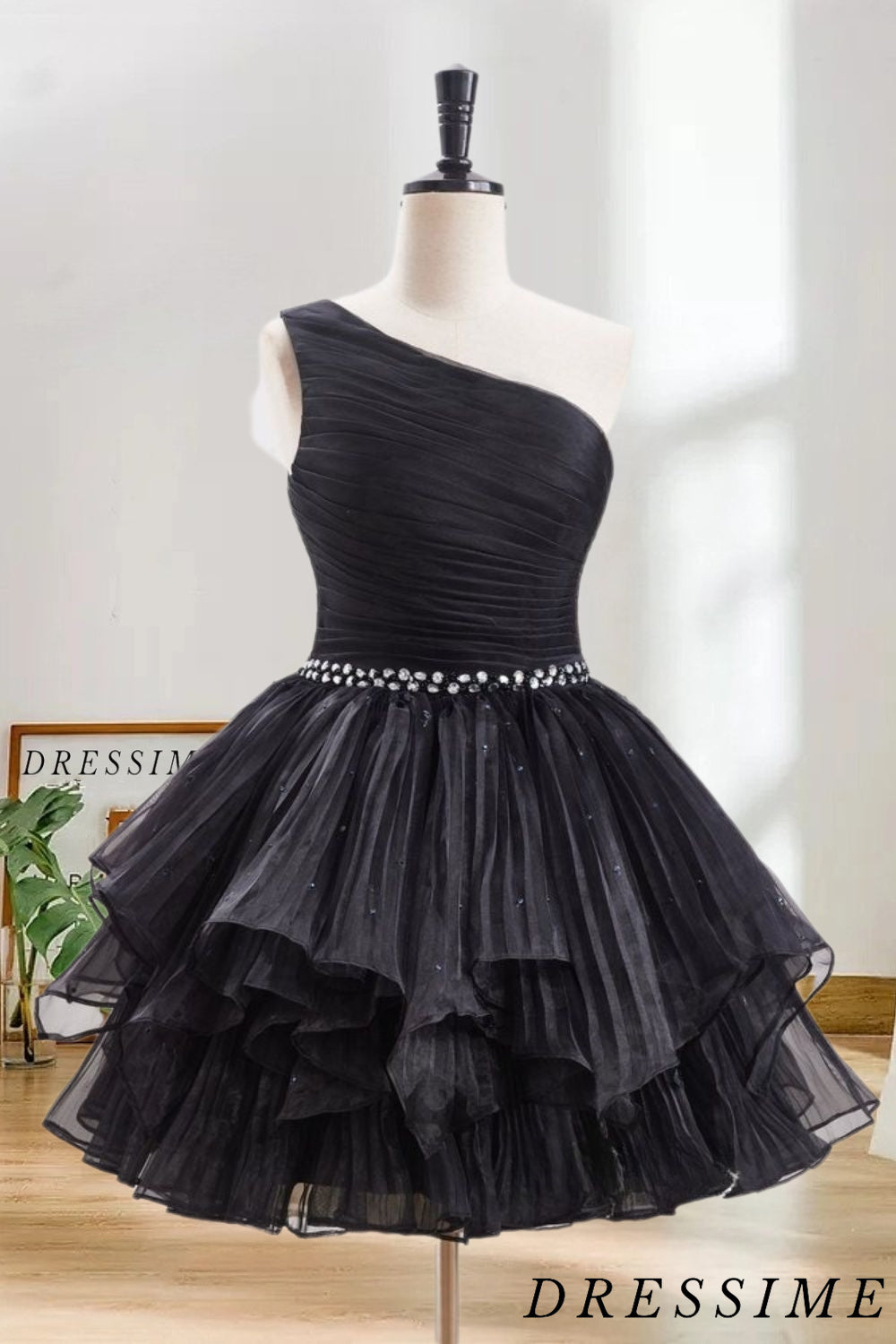 Dressime A Line One Shoulder Organza Tiered Short/Mini Homecoming Dresses with Beaded dressime