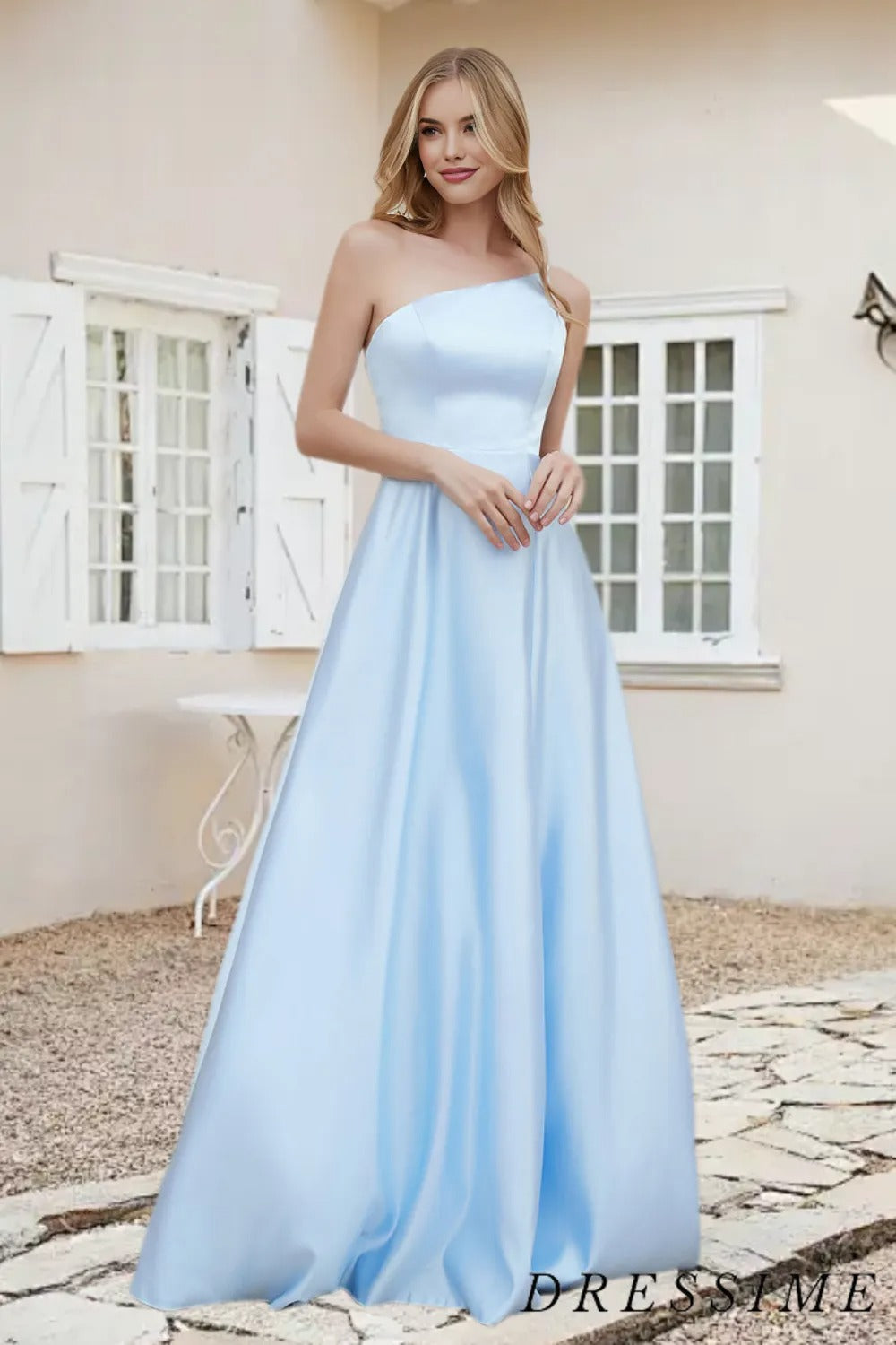 Dressime A Line One Shoulder Satin Floor Length Bridesmaid Dress With Slit dressime