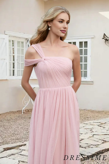 Dressime A Line One Shoulder Tulle Floor Length Bridesmaid Dress dressime