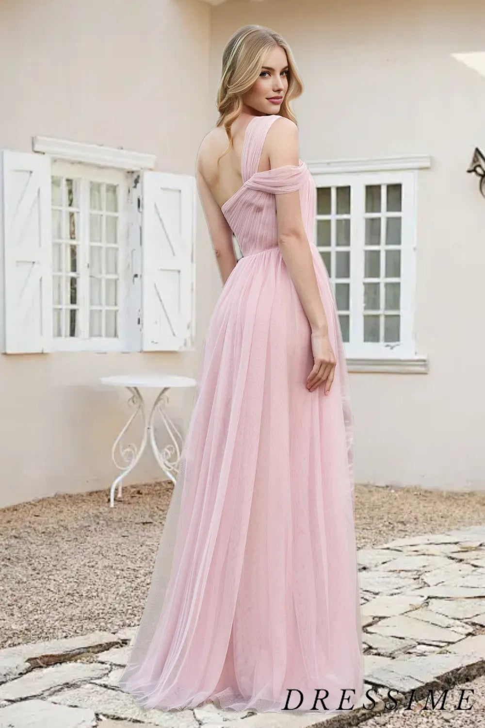 Dressime A Line One Shoulder Tulle Floor Length Bridesmaid Dress dressime