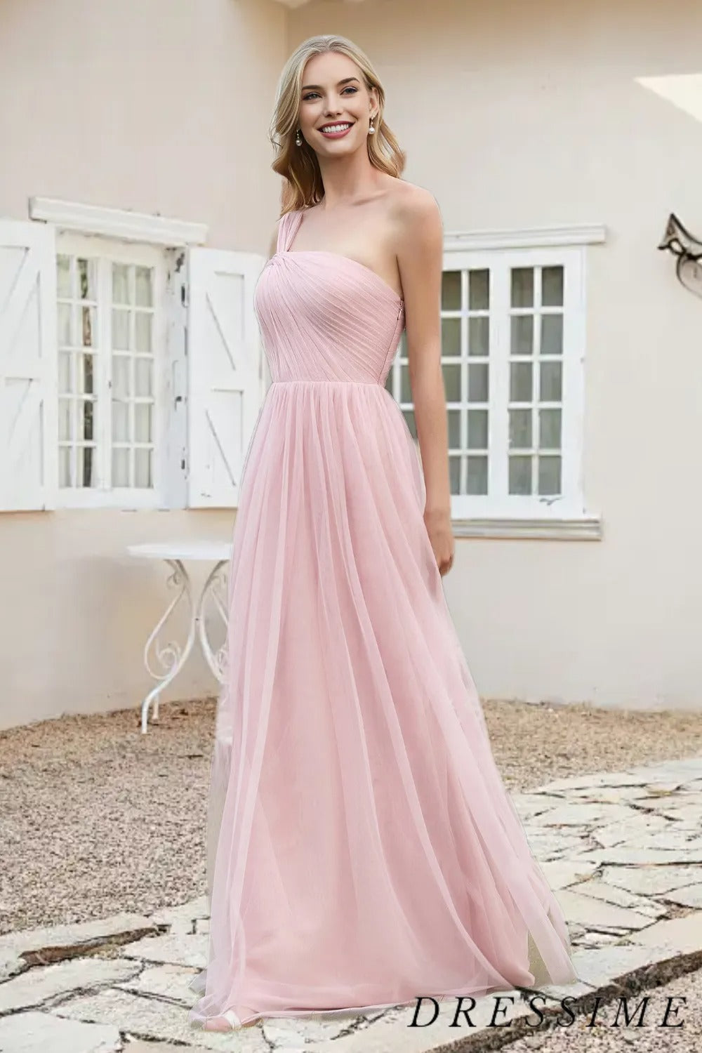 Dressime A Line One Shoulder Tulle Floor Length Bridesmaid Dress dressime