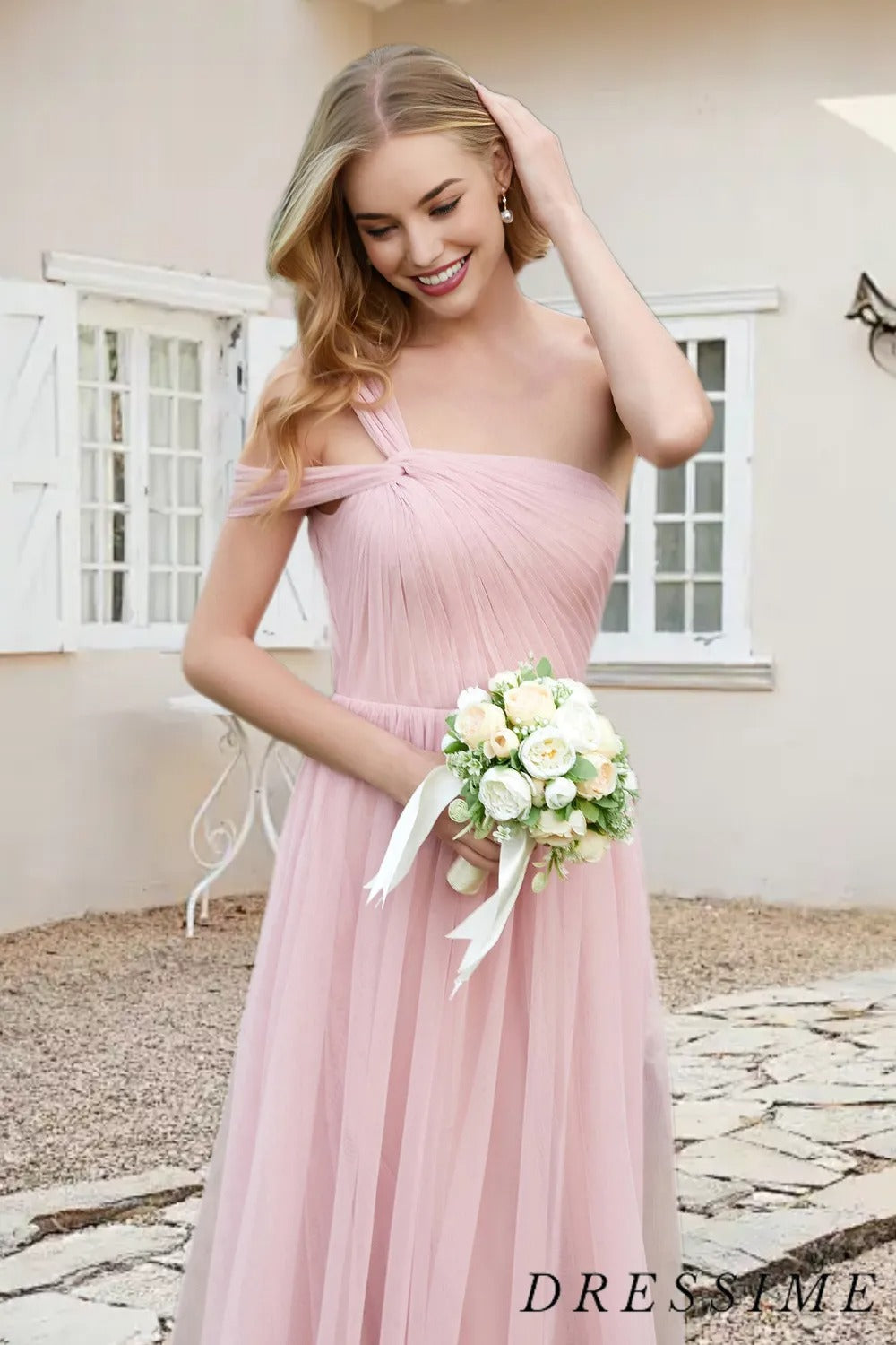 Dressime A Line One Shoulder Tulle Floor Length Bridesmaid Dress dressime